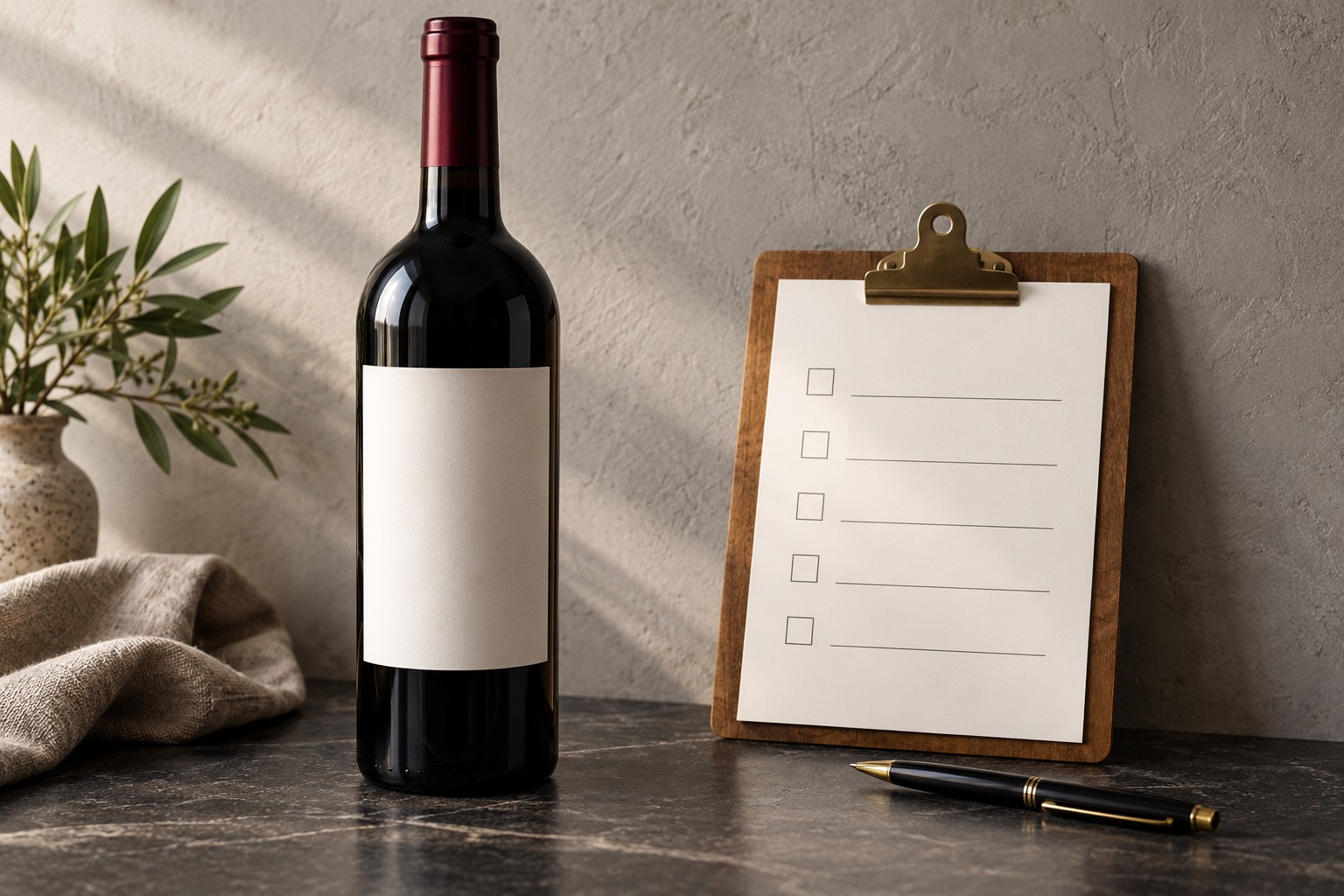 Bouteille de vin à l'étiquette vierge à côté d'une liste de contrôle sur un porte-bloc