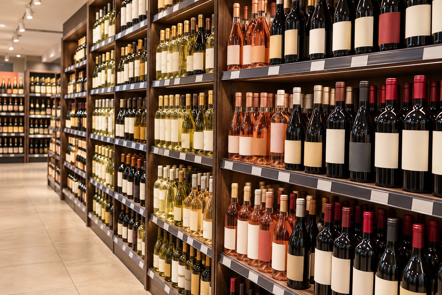 Corsia dei vini di un supermercato con scaffali di bianchi, rosati e rossi
