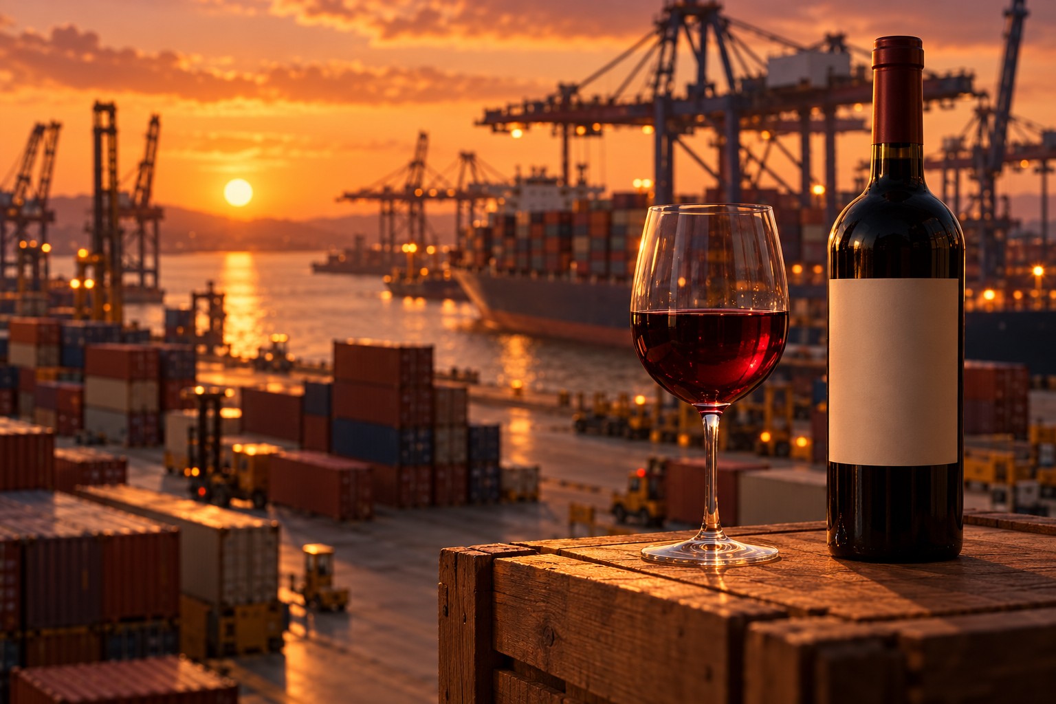 Copo de vinho tinto e uma garrafa num porto de contentores ao pôr do sol