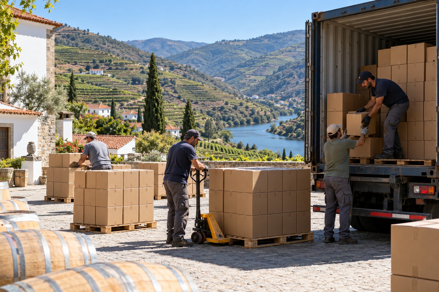 Wine cases being loaded onto a truck at a winery in the Douro valley
